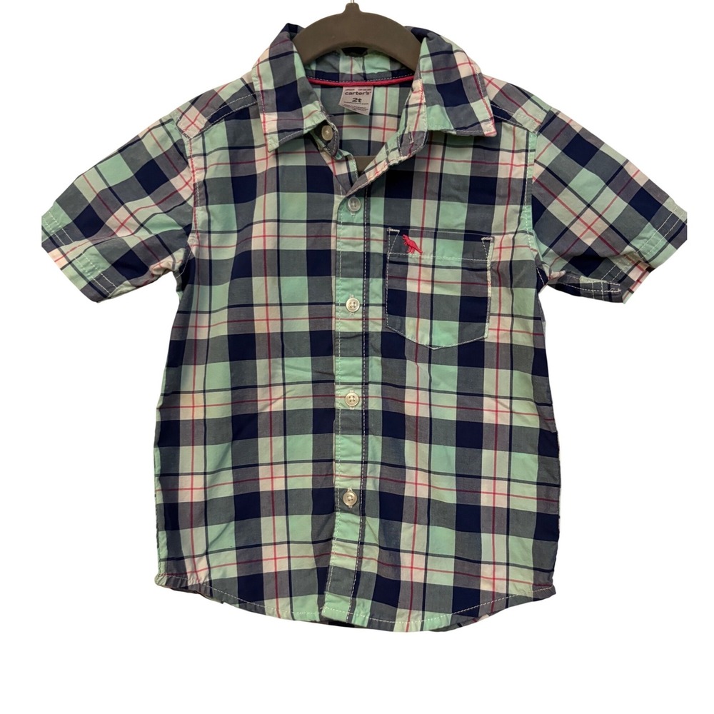Carters Toddler Boys Green Navy Plaid Dinosaur Button Down Shirt 2T Short Sleeve